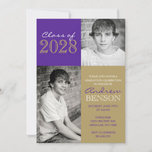 Convite Graduação de Foto Clássica 2 Dourada em roxo e bro
