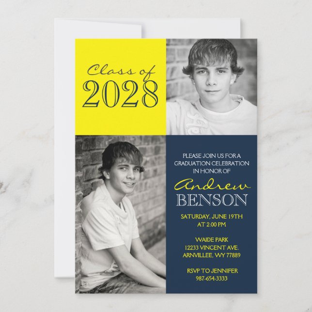 Convite Graduação de Foto Clássica 2 marinho Azul e Amarel (Frente)