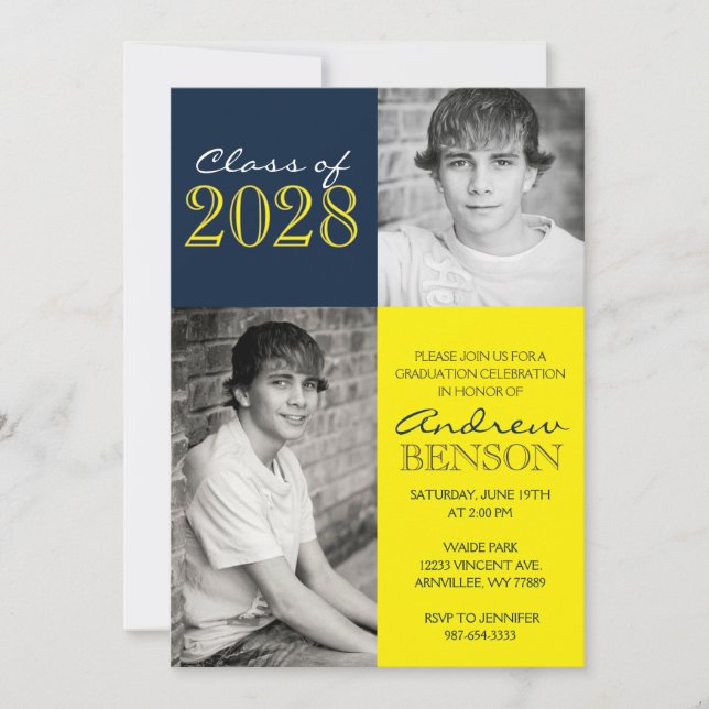Convite Graduação de Foto Clássica 2 marinho Azul e Amarel (Frente)