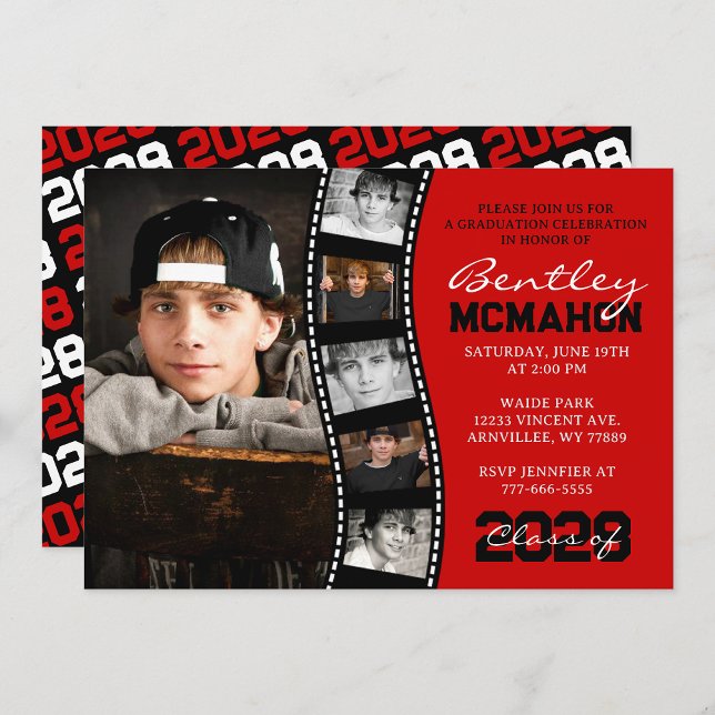 Convite Graduação de Foto com Fita Única Vermelha e Preta  (Red & Black 6 Photo Filmstrip Collage Graduation Invitation - Printed with Envelopes or Digital)