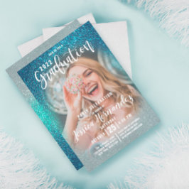 Convite Graduação de Foto com Glitter Triplo Azul Cerulean