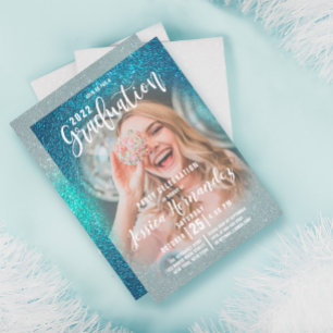 Convite Graduação de Foto com Glitter Triplo Azul Cerulean