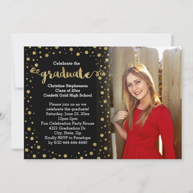 Convite Graduação de Foto Confetti Dourada Glitter Faux Fa (Frente)