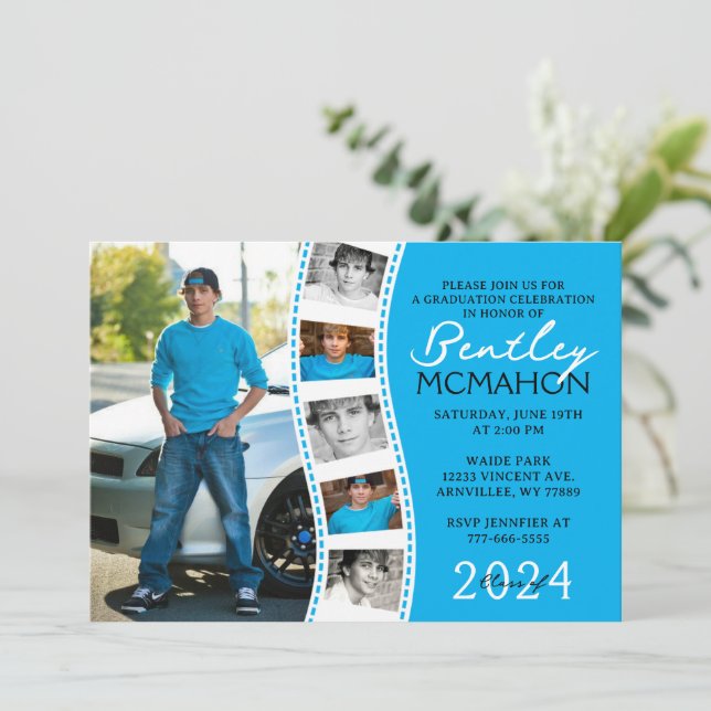 Convite Graduação de Foto de 6 Fitas Únicas, Azul e Branco (Em pé/Frente)