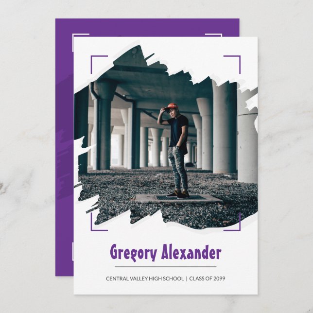 Convite Graduação de Foto de Abstrato Brushbird Edgy Roxo (Frente/Verso)