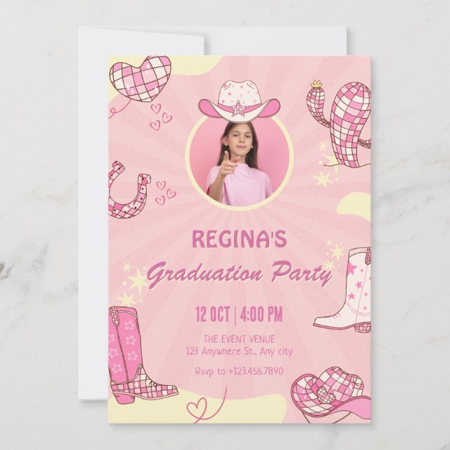 Convite Graduação de foto de discoteca rosa (Frente)