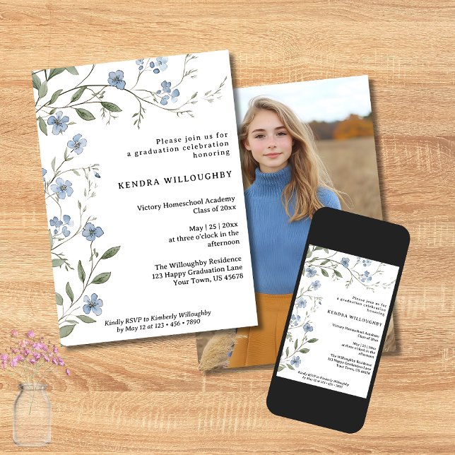 Convite Graduação de Foto de Flores Selvagens Azuis (Criador carregado)