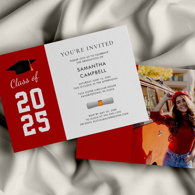 Convite Graduação de Foto de Formando Moderno 2025 (Graduation 2025 Red and White Party Invitation)