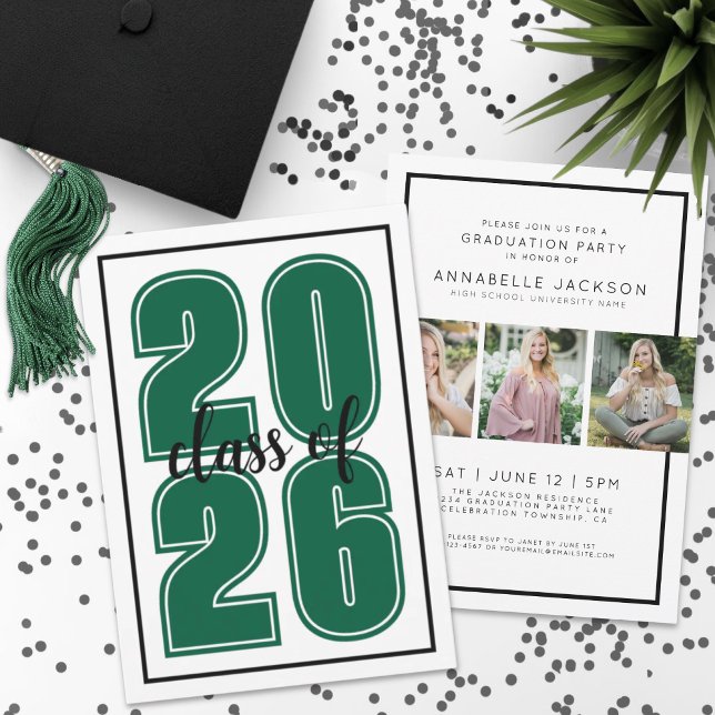 Convite Graduação de Foto de Graduado Verde (Simple Green Graduate Photo Graduation Invitation)