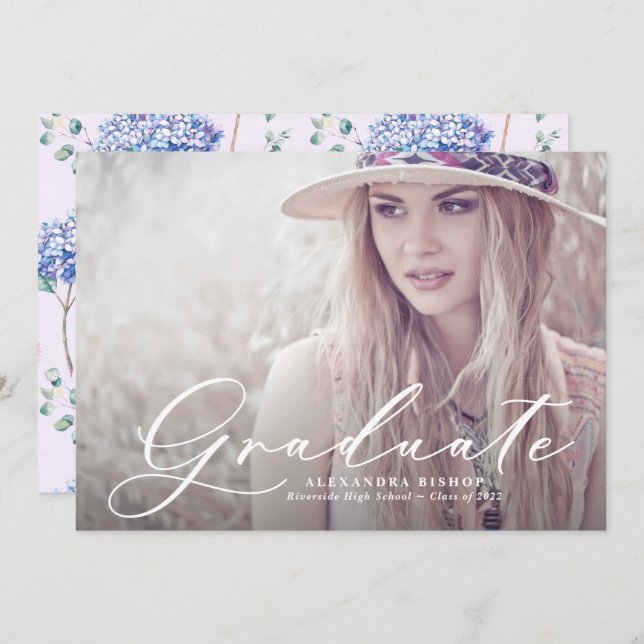Convite Graduação de Foto de Hydrangeas Azuis e Cor-de-Águ (Frente/Verso)