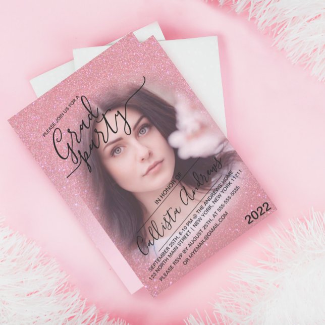 Convite Graduação de Foto de Mão Brilhante Rosa Faux Spark (Criador carregado)