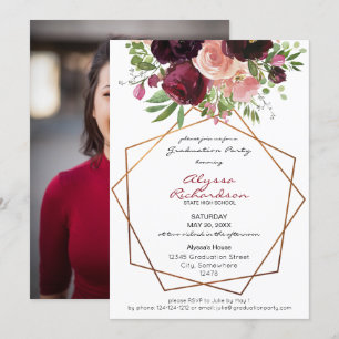 Convite Graduação de Foto de Quadro Floral Rosa e Burgundy