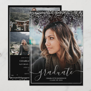 Convite Graduação de foto de script de borda de prata co