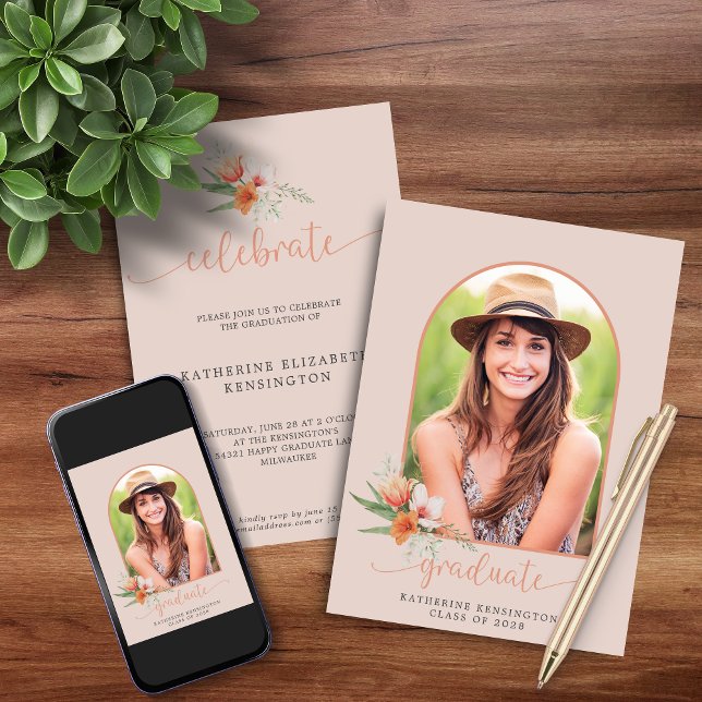 Convite Graduação de Foto do Arco Floral de Pêssego Elegan (Elegant Peach Floral Boho Arch Photo Graduation Invitation Announcement with Instant Download Option)