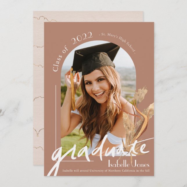 Convite Graduação de Foto do Arco Terracotta Boho Pampas (Frente/Verso)