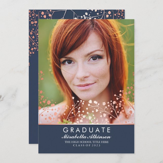 Convite Graduação de Foto do Marinho Elegante Floral Doura (Frente/Verso)