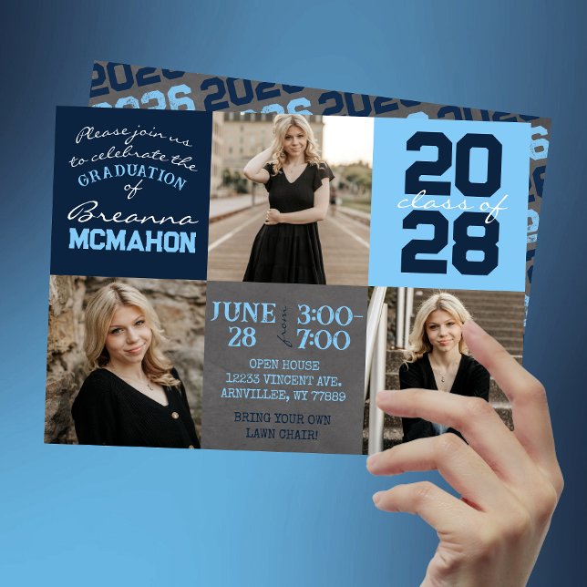 Convite Graduação de Foto do Quadro de Marinhos 3 Azul Beb (Baby Blue and Navy Chalkboard 3 Photo Graduation Invitations)
