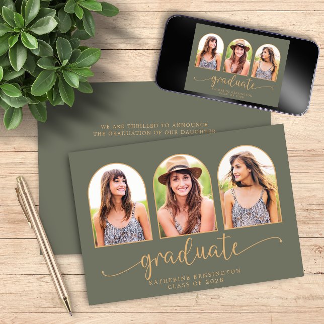 Convite Graduação de Foto Dourada 3 Verde do Arco Boho Ele (Elegant Boho Arch Green Gold 3 Photo Graduation Invitation with Digital Download Option)