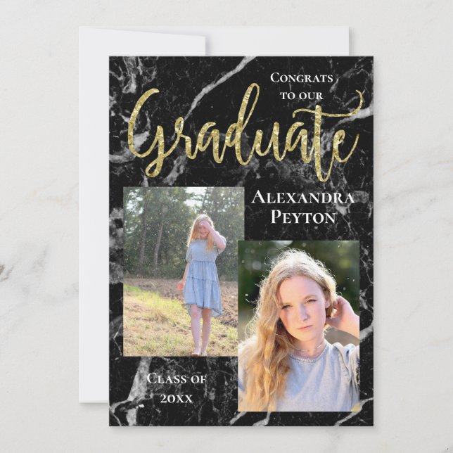 Convite Graduação de Foto Dourada de Script Marble Preto (Frente)
