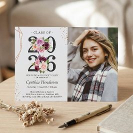 Convite Graduação de Foto Dourada Rosa Floral Trendy Purpl