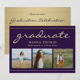 Convite Graduação de Foto Elegante Roxo Dourado Três