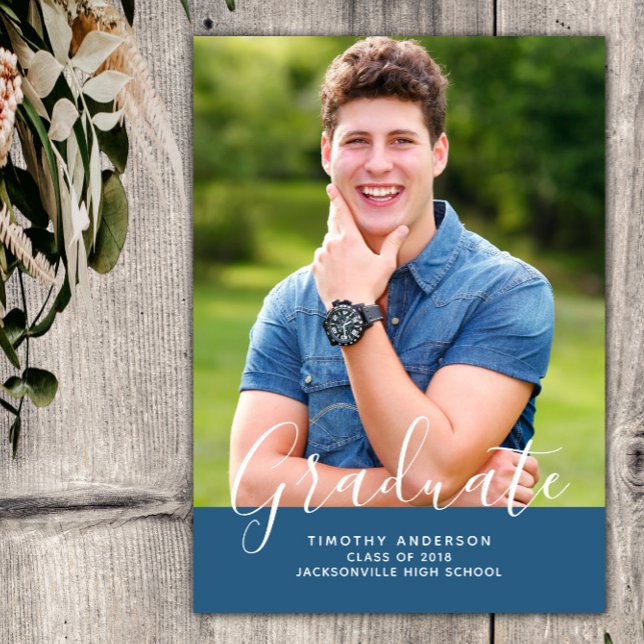 Convite Graduação de Foto Elegante Simples Vertical | Azul (Blue Simple Elegant Photo Graduation Vertical Announcement)