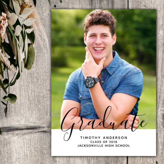 Convite Graduação de Foto Elegante Simples Vertical | Bran (White Simple Elegant Photo Graduation Vertical Announcement)