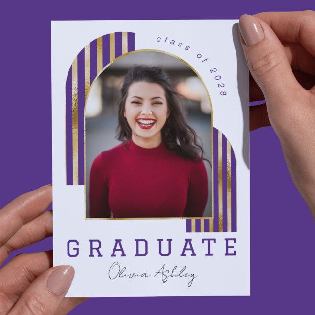 Convite Graduação de Foto em Arco Dourado Roxo (Criador carregado)