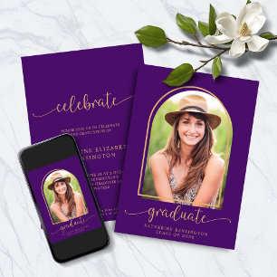 Convite Graduação de Foto em Arco Dourado Roxo Moderno