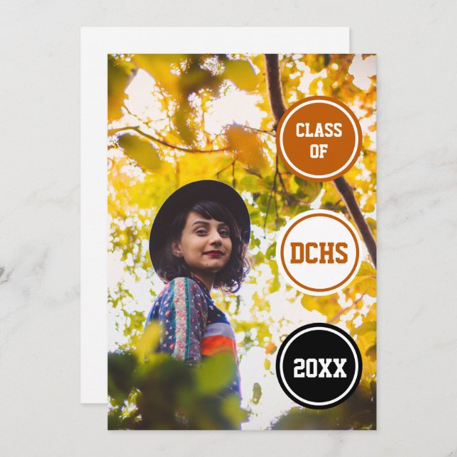 Convite Graduação de Foto em Círculos Laranja Queimados (Frente/Verso)