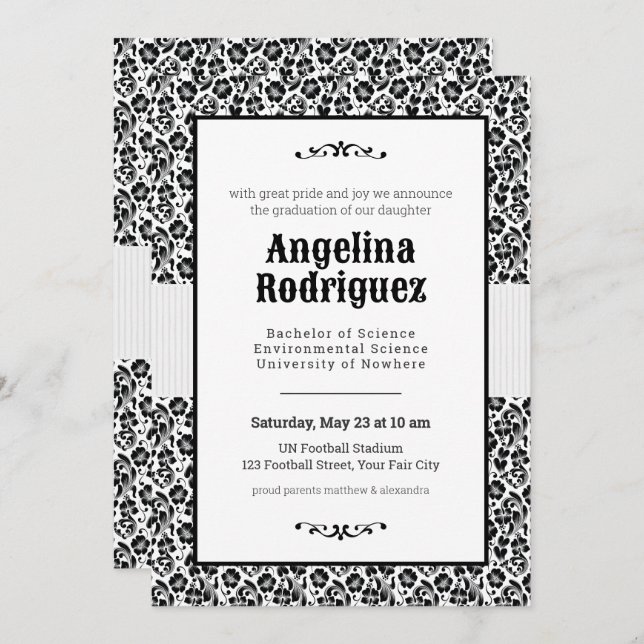 Convite Graduação de Foto em Damasco Floral Preto (Frente/Verso)