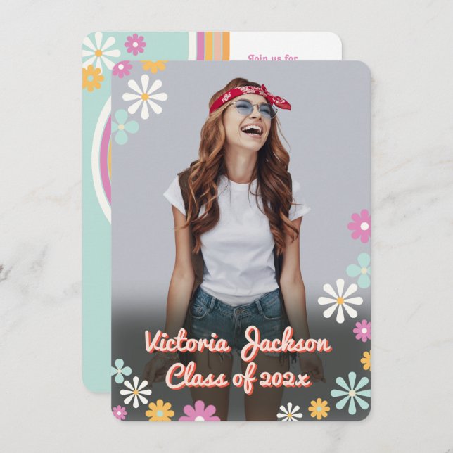 Convite Graduação de Foto em Energia Flor de Hippie 1960,  (Frente/Verso)