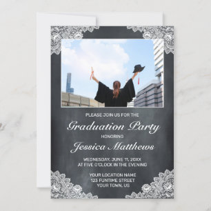 Convite Graduação de Foto em Lace Branco e Quadro Negro
