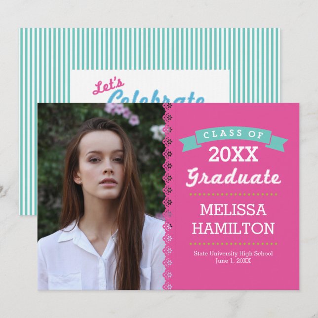 Convite Graduação de Foto em Listras Rosa e Pintura Modern (Frente/Verso)