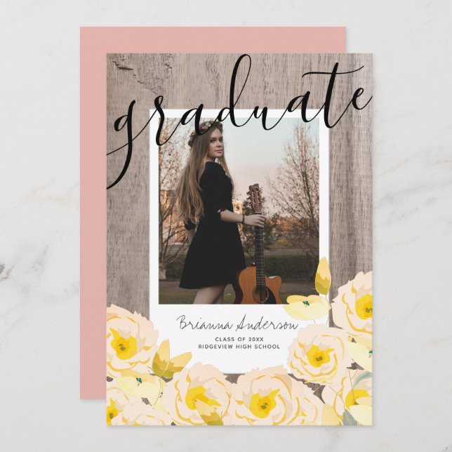 Convite Graduação de Foto em Madeira Floral Rosa da Boho R (Frente/Verso)