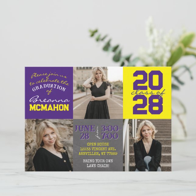 Convite Graduação de Foto em Quadro 3 Púrpura e Amarelo (Em pé/Frente)