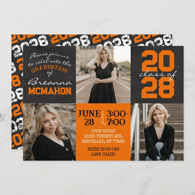 Convite Graduação de Foto em Quadro Laranja e Preto 3 (Unique Trendy Orange and Black Graduation 3 Photo Chalkboard Invitations)