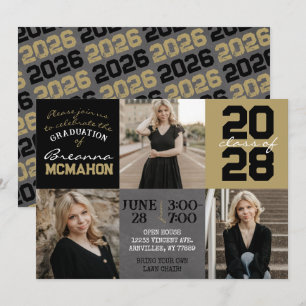 Convite Graduação de Foto em Quadro Preto e Dourado 3