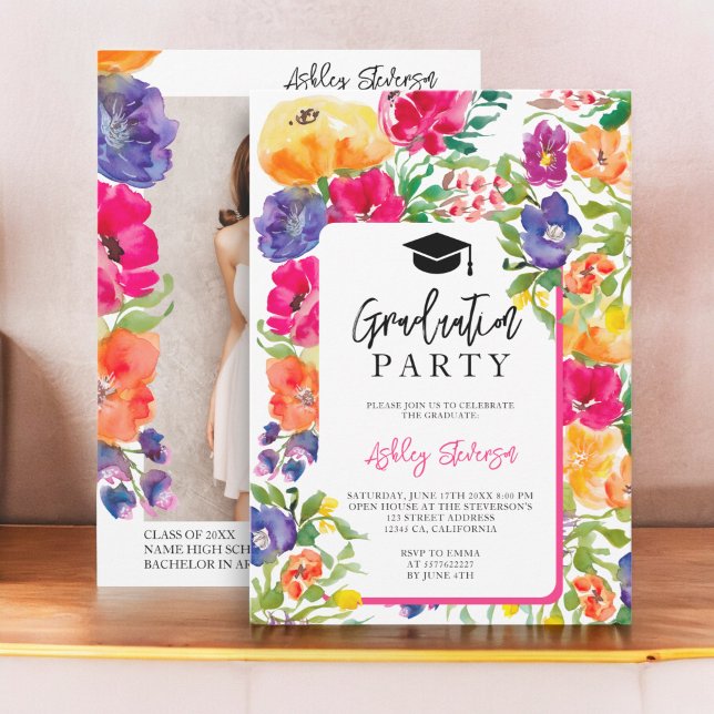 Convite Graduação de foto floral de aquarela de jardim (Garden floral watercolor photo graduation invitation)