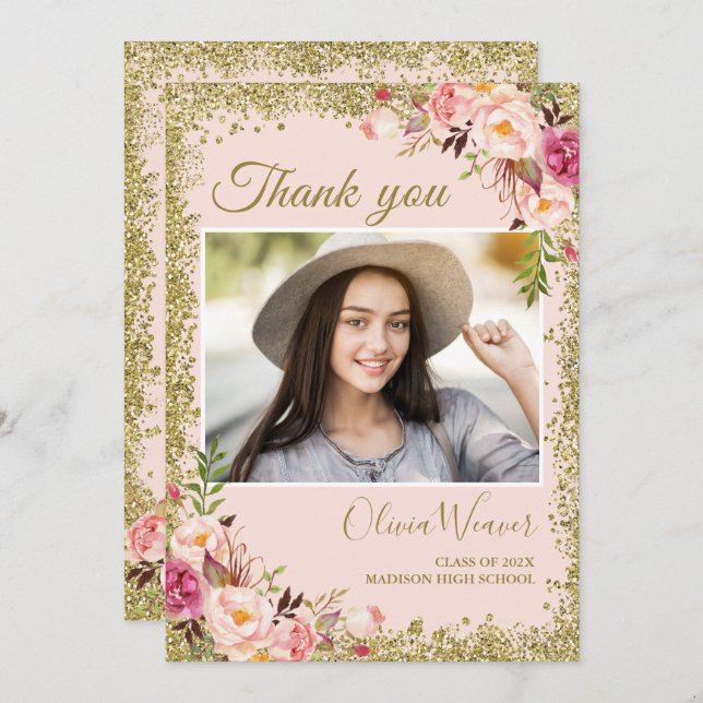 Convite Graduação de Foto Floral Rosa Dourada - Obrigado (Frente/Verso)