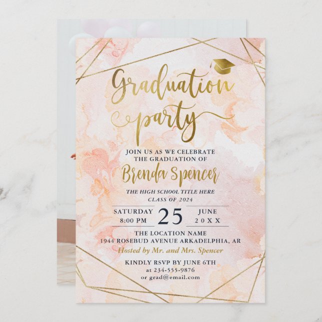 Convite Graduação de Foto Geométrica Pink de Cores de Água (Frente/Verso)