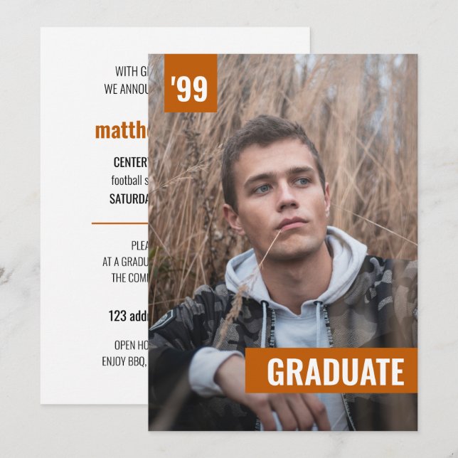 Convite Graduação de Foto Laranja Queimada e Moderna (Frente/Verso)