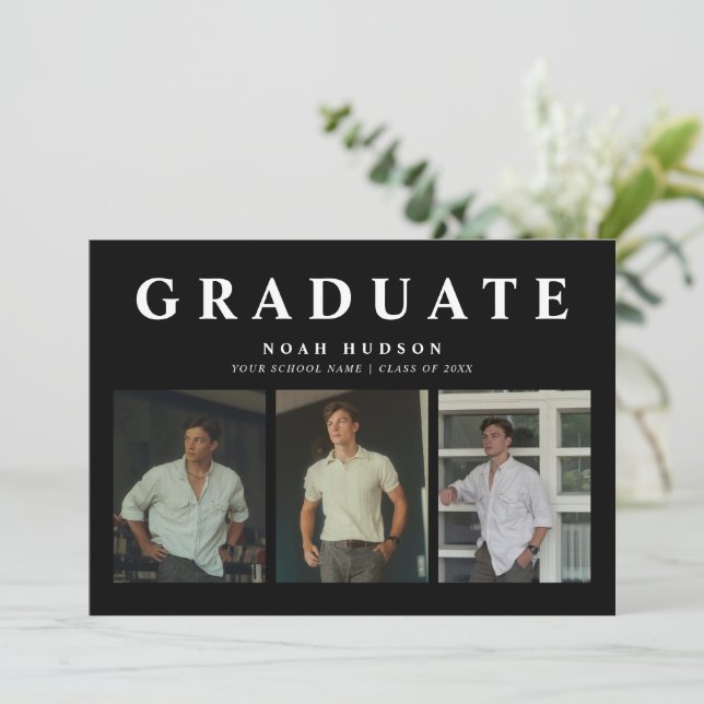 Convite Graduação de Foto Mínima Moderna Preta e Branca 3 (Em pé/Frente)