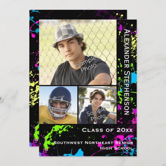 Convite Graduação de Foto Neon Paint Splatter (Frente/Verso)