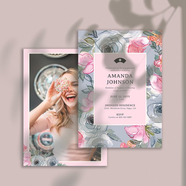 Convite Graduação de Foto para Enfermagem Cinzenta Floral  (Criador carregado)