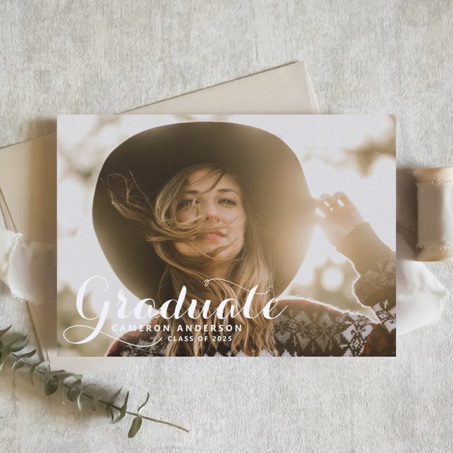 Convite Graduação de Foto por Sobreposição de Script Whims (Customizable photo graduation invitation featuring modern calligraphy photo overlay. )