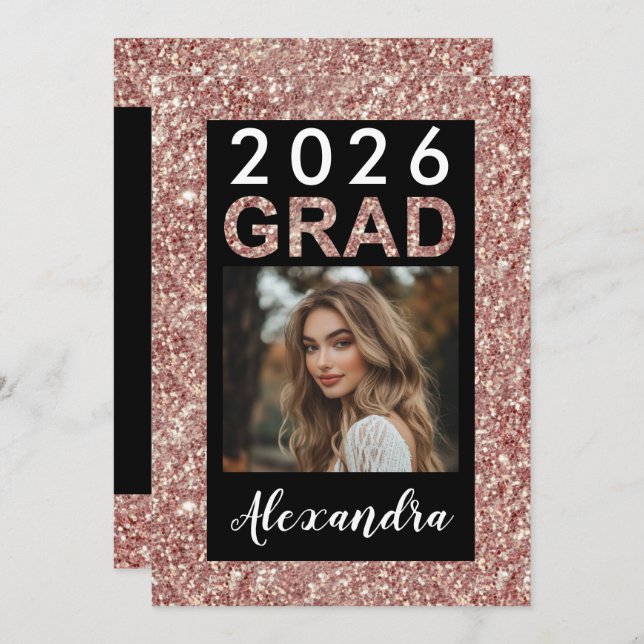 Convite Graduação de Foto Rosa Dourada Glitter Modern 2021 (Frente/Verso)