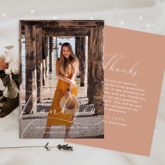 Convite Graduação de Foto Rosa Elegante Obrigado (Criador carregado)