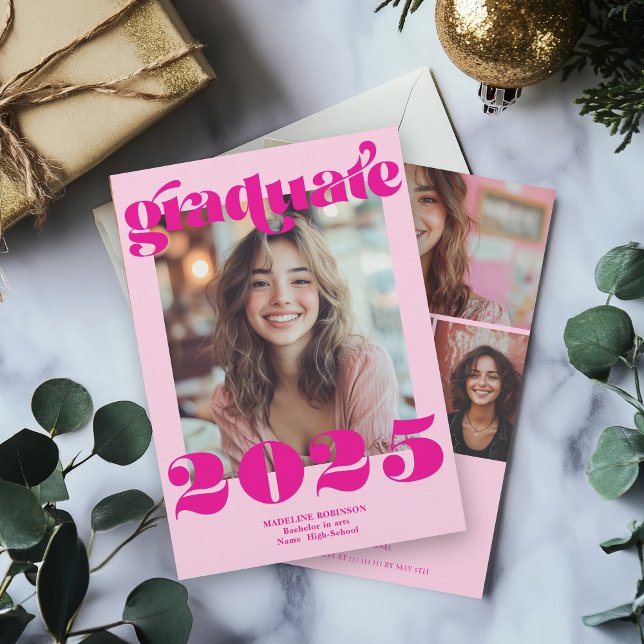 Convite Graduação de Foto Rosa Quente Moderno 4 (Modern Retro Hot Pink 4 Photo Graduation Invitation)