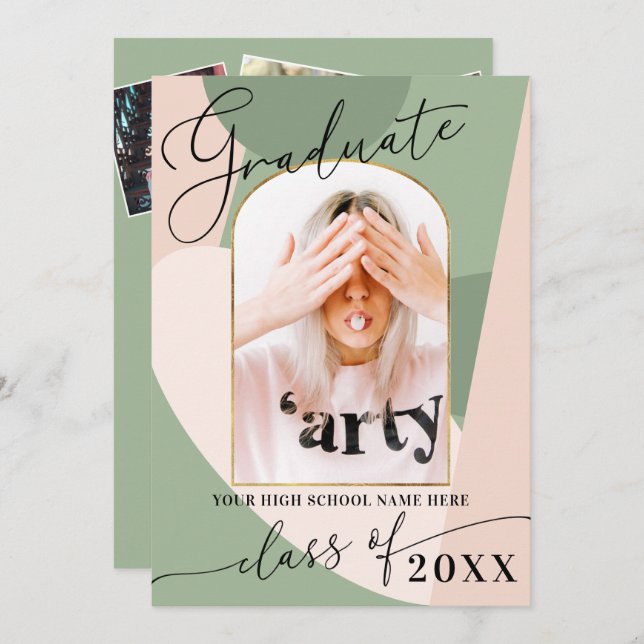 Convite Graduação de Foto Rosa Rosa Verde-Dusta Moderno Ge (Frente/Verso)